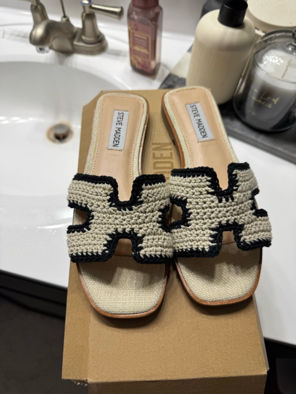 Steve Madden Women's Hayden Crochet Slide Sandals in Cream and Black